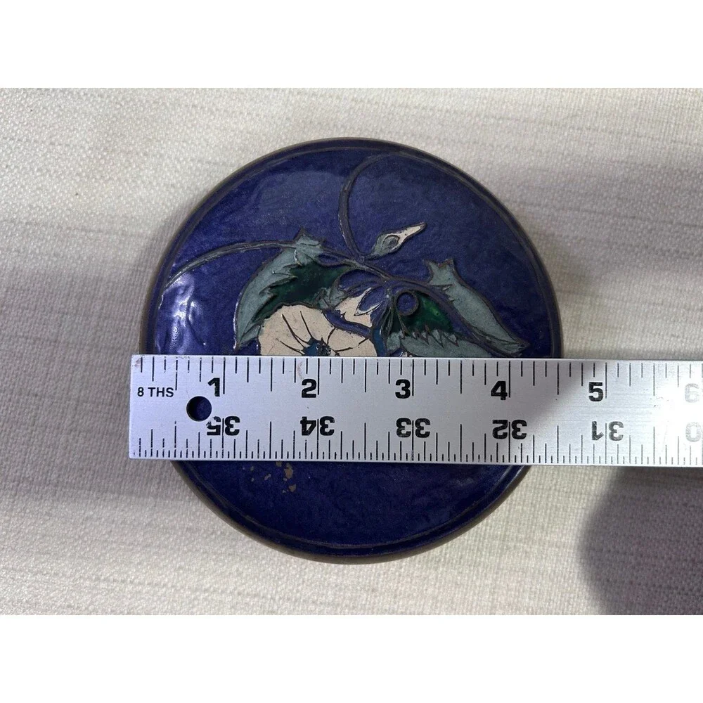 Vintage Brass Round Trinket Container Enamel Paint Flowers
